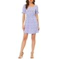 thumbnail image 2 of Allegra K Women's Neck Square Puff Sleeve Elastic Waist Mini Floral Dress, 2 of 6