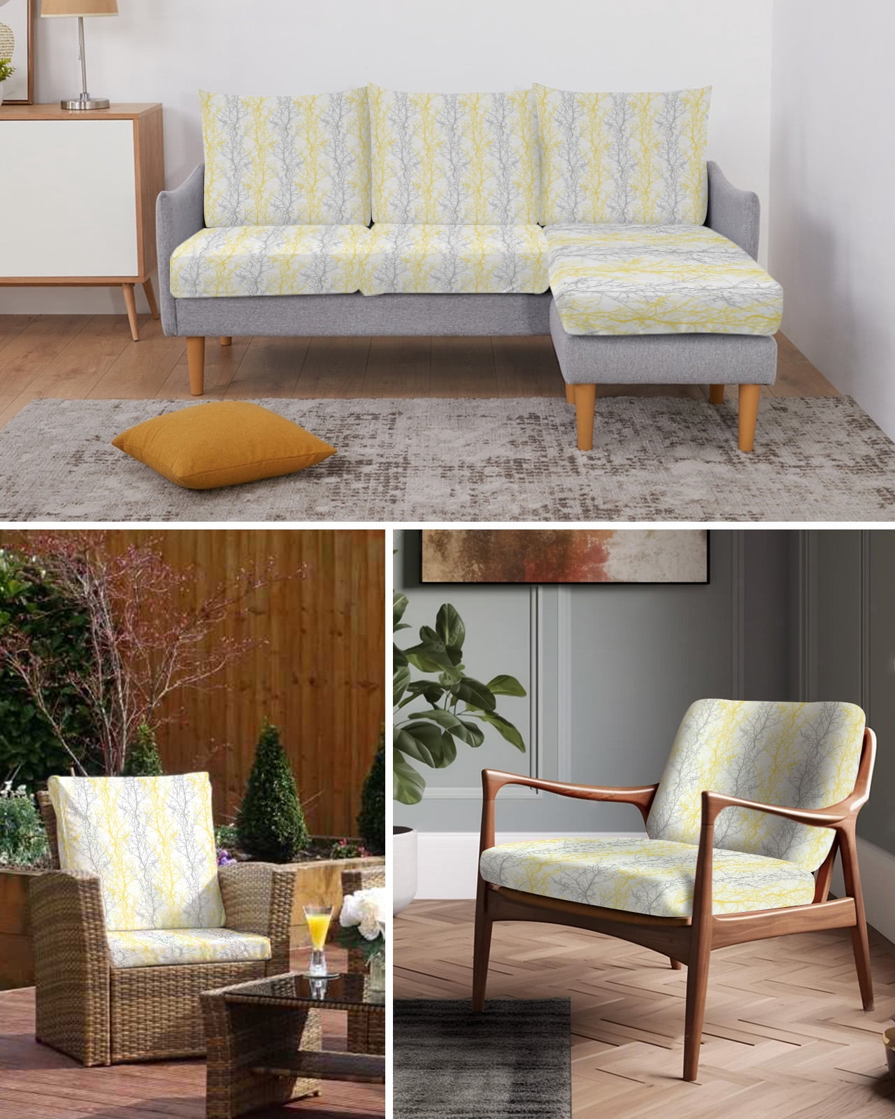 Yellow Gray Couch Cushion Covers, Stretch Seat Cushion Covers for Sectional Sofa, Pastoral Botanical Branch Aesthetics T-shaped Sofa&nbsp;Slipcovers Furniture Protector with Elastic&Straps Small 2Pcs