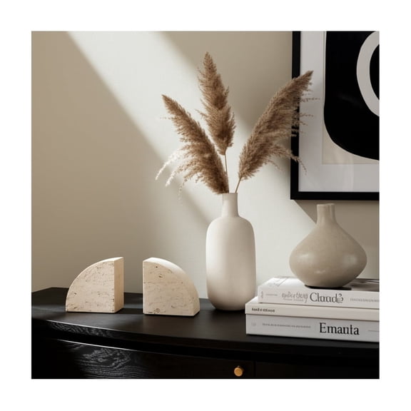Travertine Book Ends for Bookshelf Decor - Decorative Half Dome Bookends for Office Decoration - Modern Accent for Shelves Display, Desk Placement and Home Library Styling - Set of 2, 5", Tan
