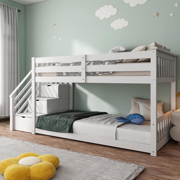 Furniture of America Sabrina Wood Twin over Twin White Bunk Bed with Staircase