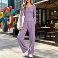 thumbnail image 6 of Lmueinov Womens Two Piece Set Button Crew Neck Sweatshirt Lightweight Drawstring Wide Leg Pants Lounge Set with Pockets Comfy Fall Winter Clothes, 6 of 8