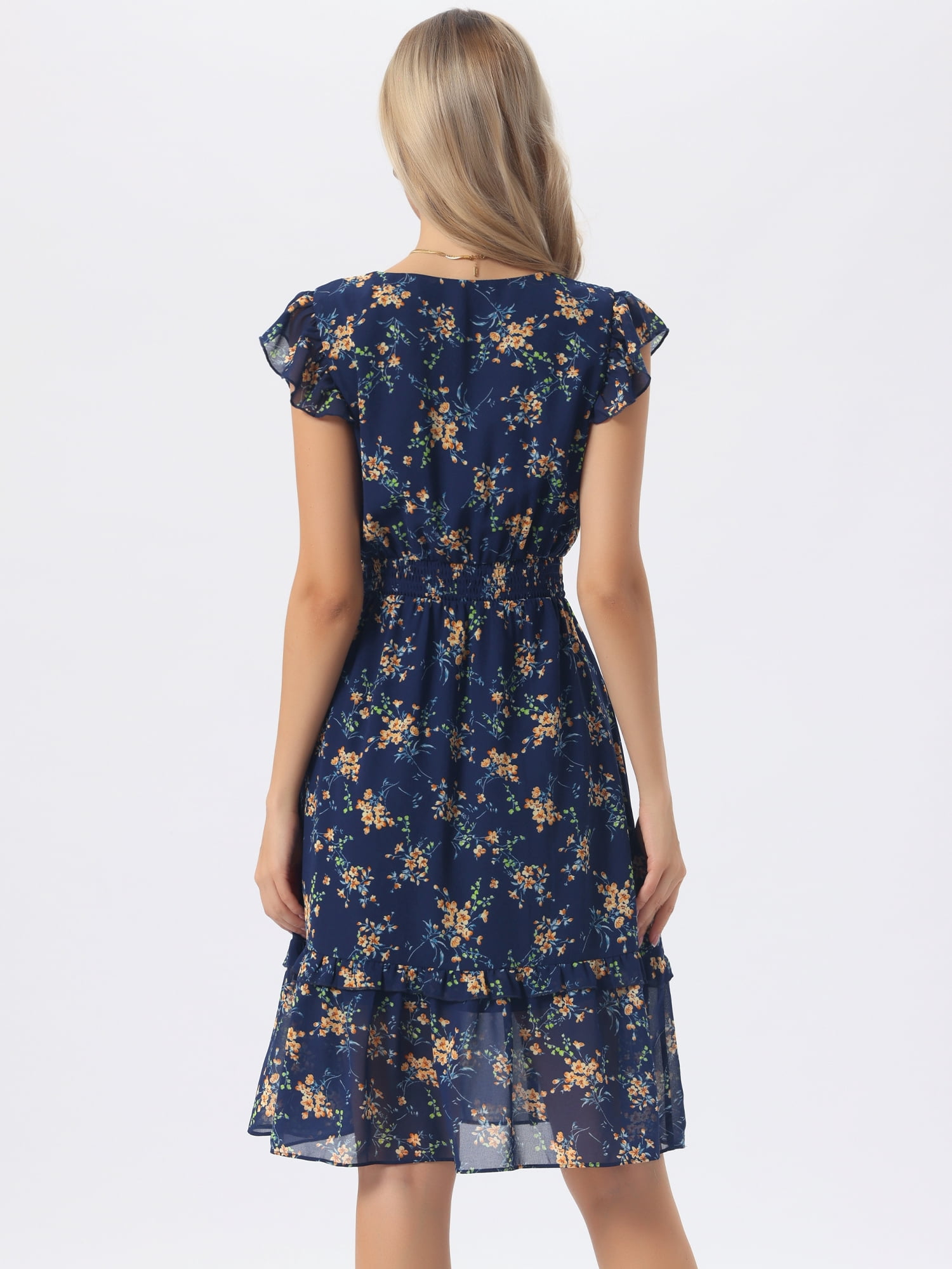 DARING DIVA Women's Floral Summer V Neck Flutter Sleeve Ruffle Dress XS Navy Blue