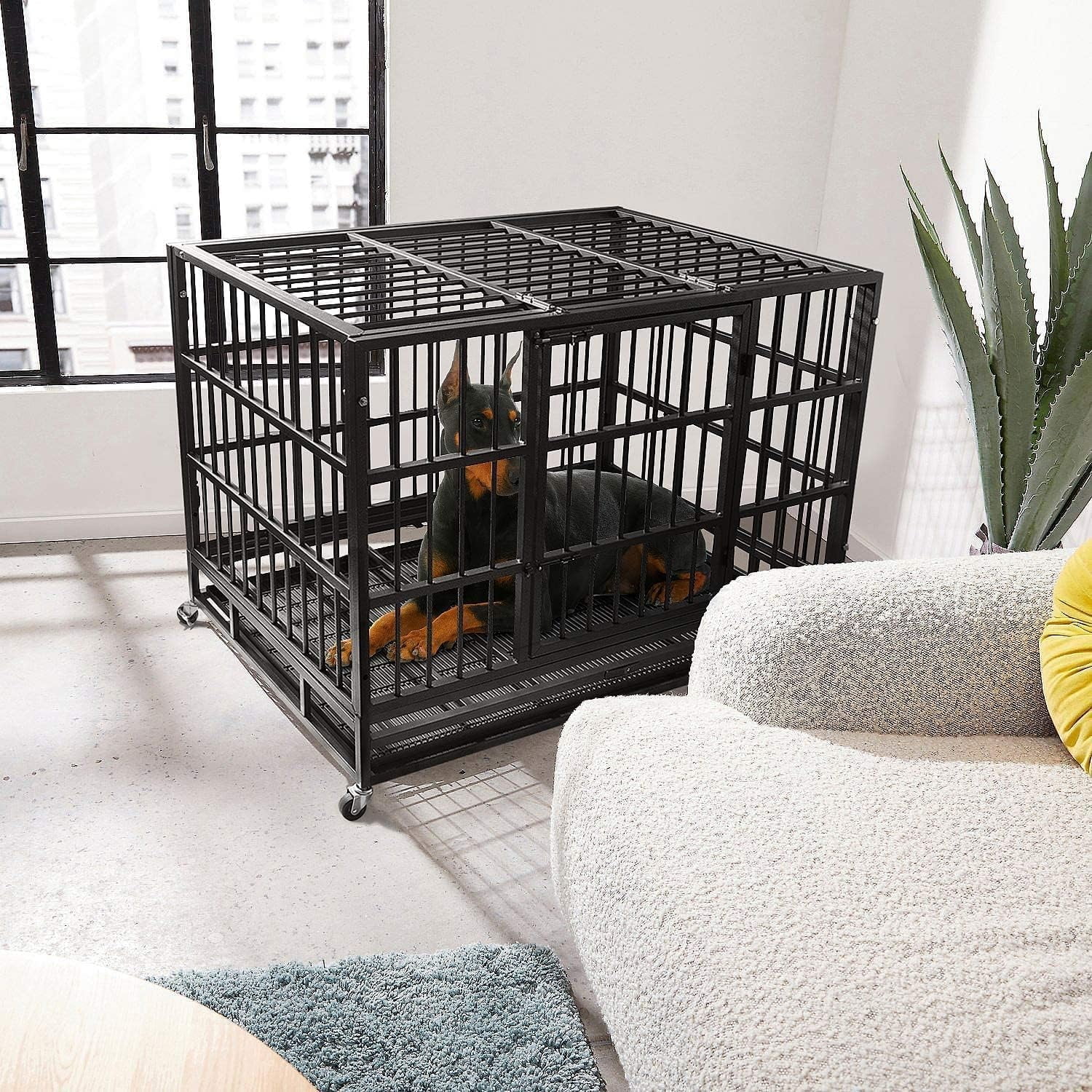WOKEEN 38 Inch Heavy Duty Dog Crate Cage Kennel with Wheels, High Anxiety Indestructible, Sturdy Locks Design, Double Door and Removable Tray, Extra Large XL XXL