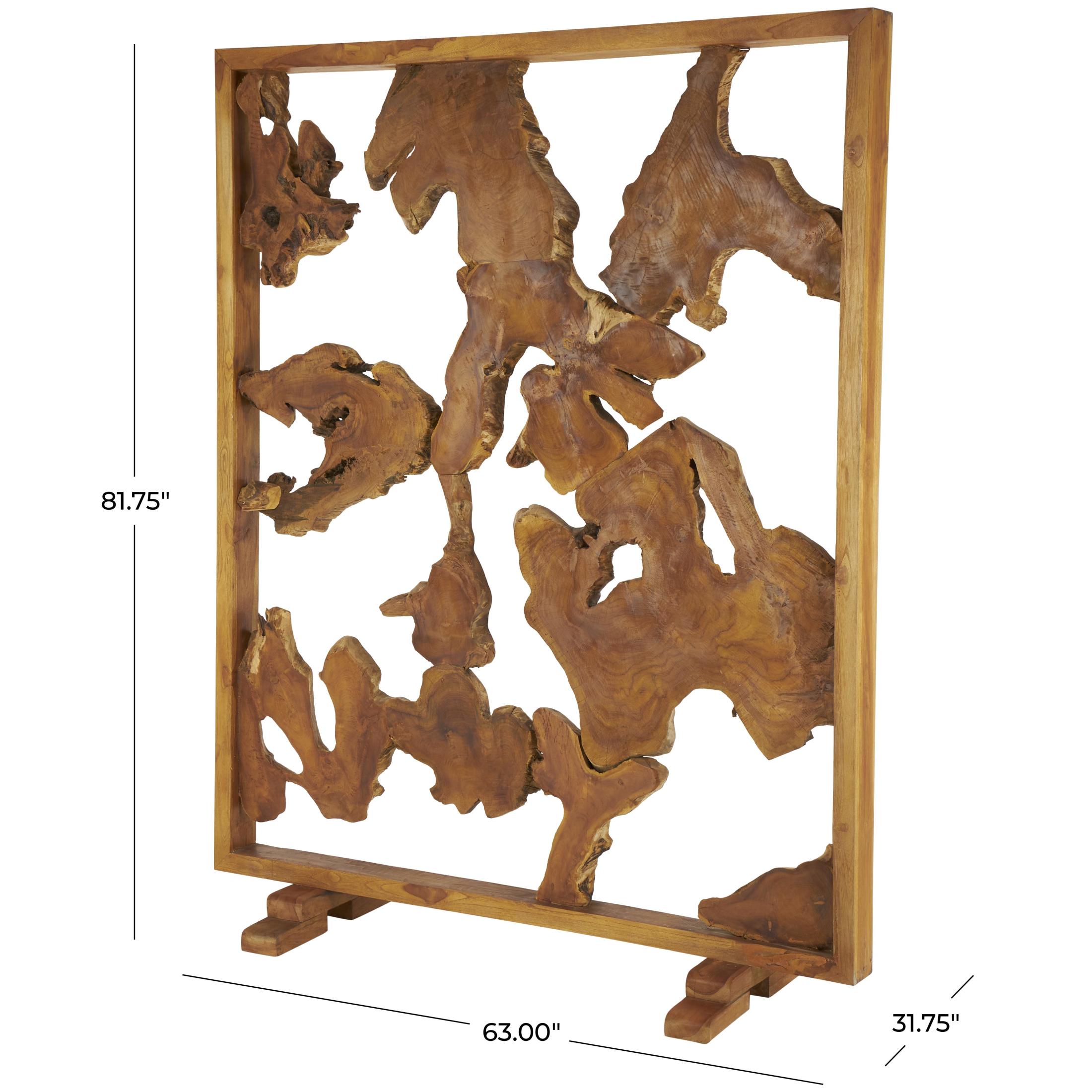 DecMode 63" x 82" Brown Teak Wood Handmade Tall Live Edge Freestanding Room Divider Screen with Large Tree Trunk Pieces, 1-Piece