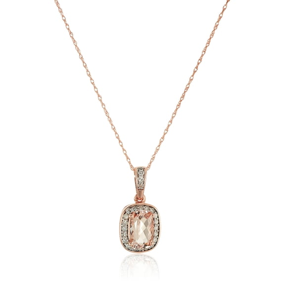 10k Rose Gold Morganite Cushion and Diamond Halo Solitaire Pendant Necklace (1/5 cttw, H-I Color, I1-I2 Clarity), 18'