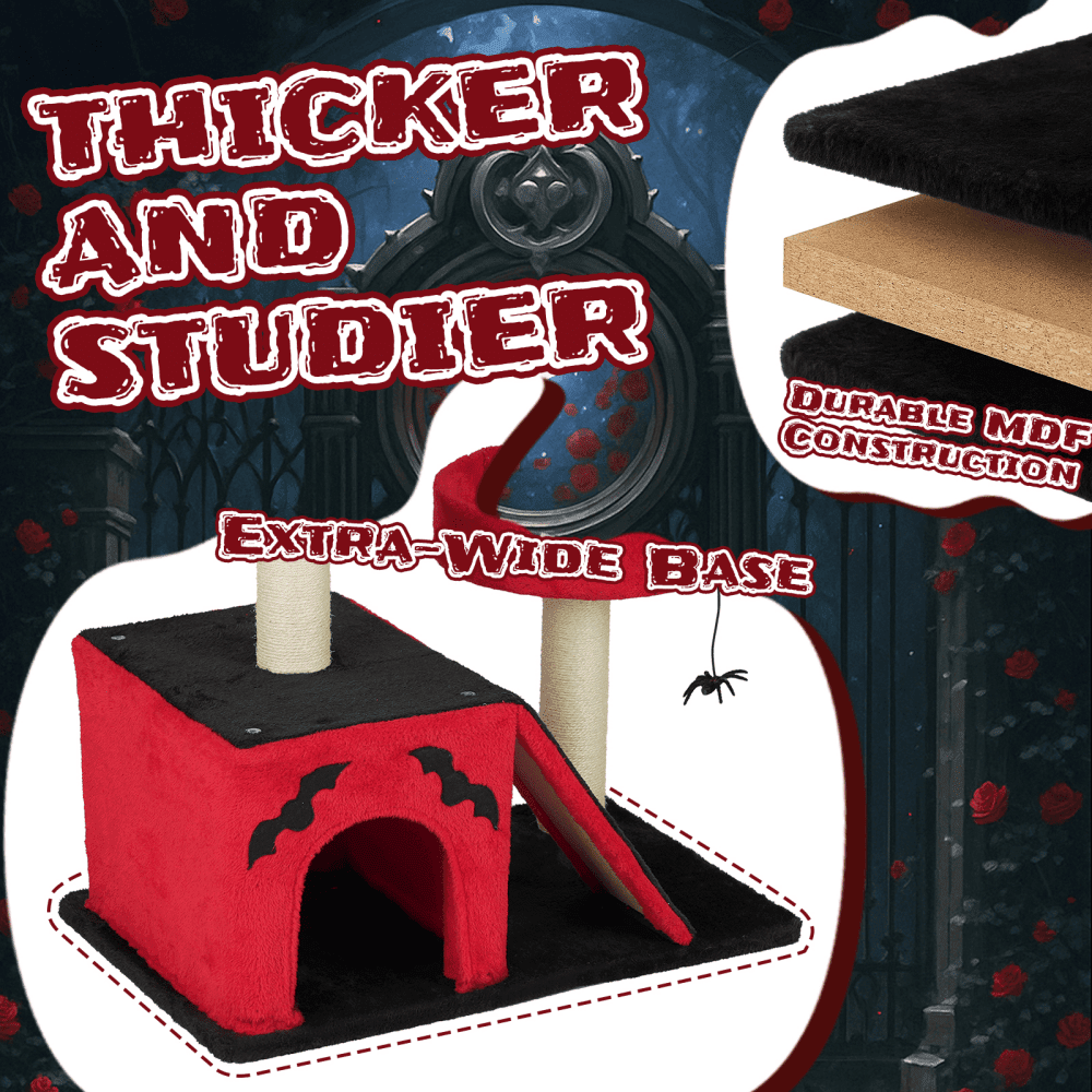 Tcbosik Gothic Cat Tree with Cat Condo, Cat House with Scratching Posts, Scratching Ladder and 2 Padded Perches, Cat Activity Center, Red & Black