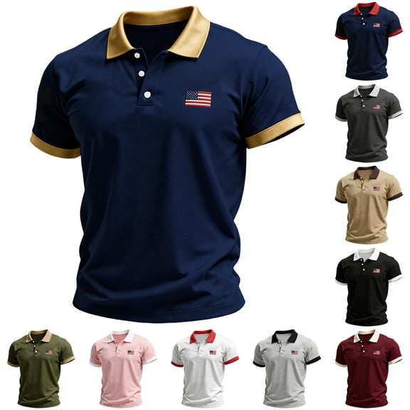 Men's Patriotic Vintage Polo Shirt for US 250th Anniversary with Contrast Collar and Sleeve Cuffs Featuring American Flag Embroidery Short Sleeve Design Army Green L