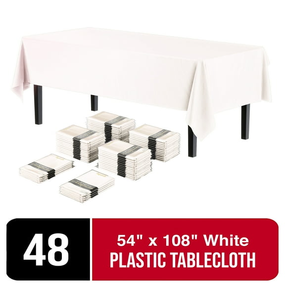 Exquisite White Disposable Tablecloths - Rectangle Plastic Tablecovers In Bulk 48 Pack - 54" Inch X 108" Inch