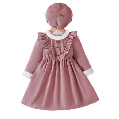 

Esaierr 1-7T Girls Corduroy Dresses with Hat Set Casual A-Line Ruffled Dress Button Long Sleeve Plush Swing Princess Dress for Kids Toddler