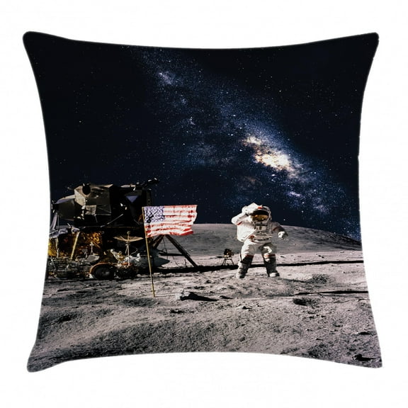 Galaxy Throw Pillow Cushion Cover, Astronaut on Rocky Surface of Moon American Flag USA Rocket Traveling Space Art, Decorative Square Accent Pillow Case, 16 X 16 Inches, Grey Navy Blue, by Ambesonne
