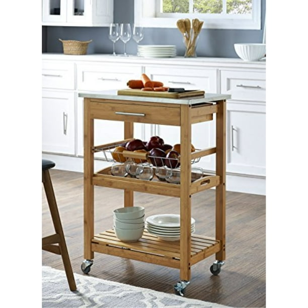 Boraam Aya Bamboo Kitchen Cart With, Stainless Steel Moveable Kitchen Island