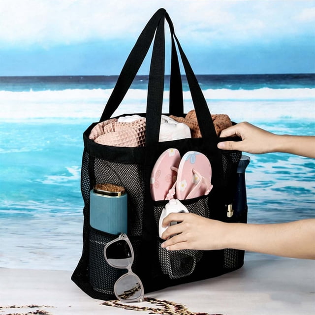 Weloille Mesh Beach Tote Bag 1 Piece, Large Capacity Lightweight Portable, Breathable Quick Dry Sturdy Handle, Multipurpose Storage Bag for Beach Toy Swimming Toiletries Travel Picnic