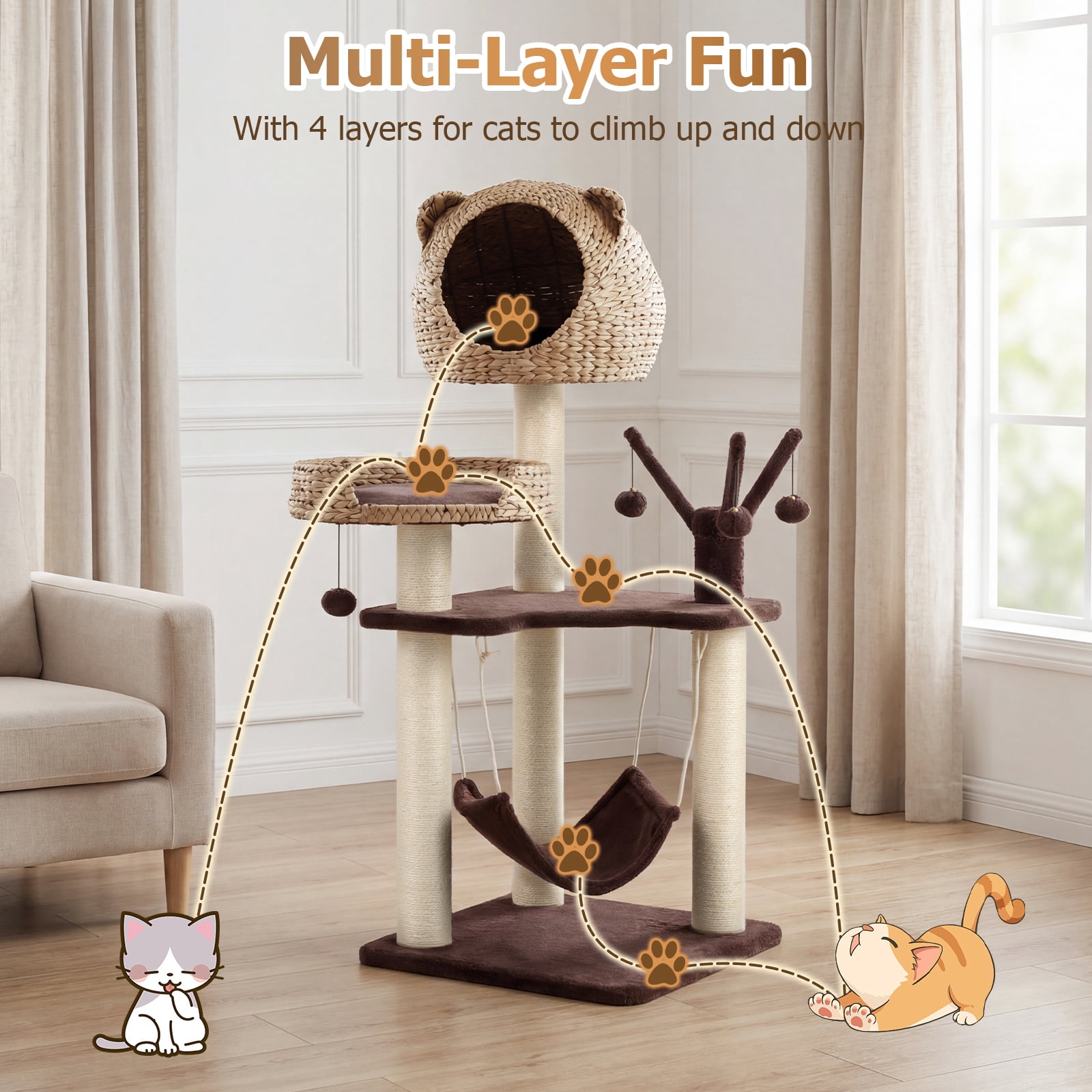 Costway Modern Cat Tree Tower with Natural Sisal Scratching Posts Hammock Balls for Kittens Brown