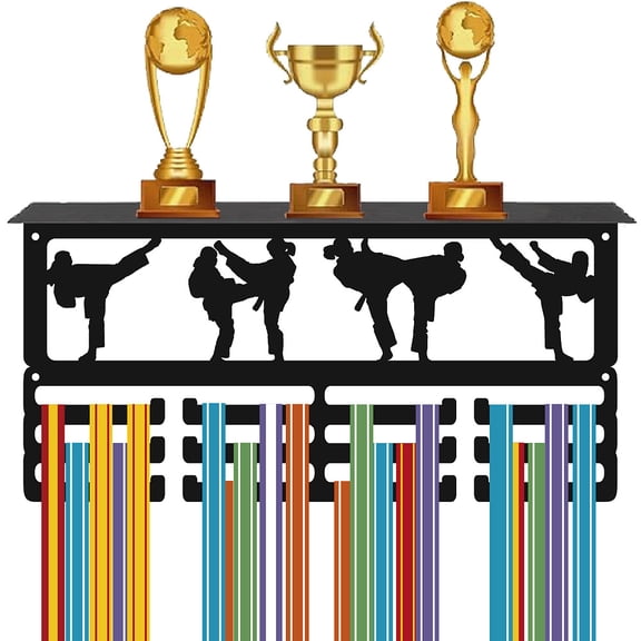 Taekwondo Award Display Medal Trophy Shelf with 12 Separate Hooks Sports Iron Medal Rack with Shelf