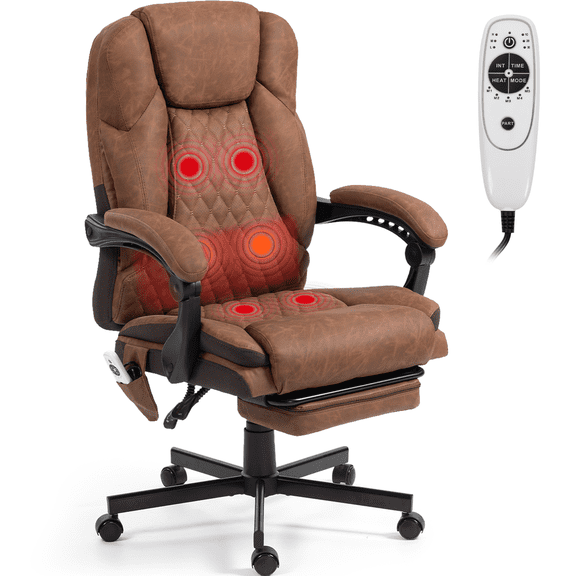 DELMANGO Massage Office Chair with Footrest, 6-Point Vibration Heating Executive Desk Chair, Ergonomic Home Office Chair, Brown