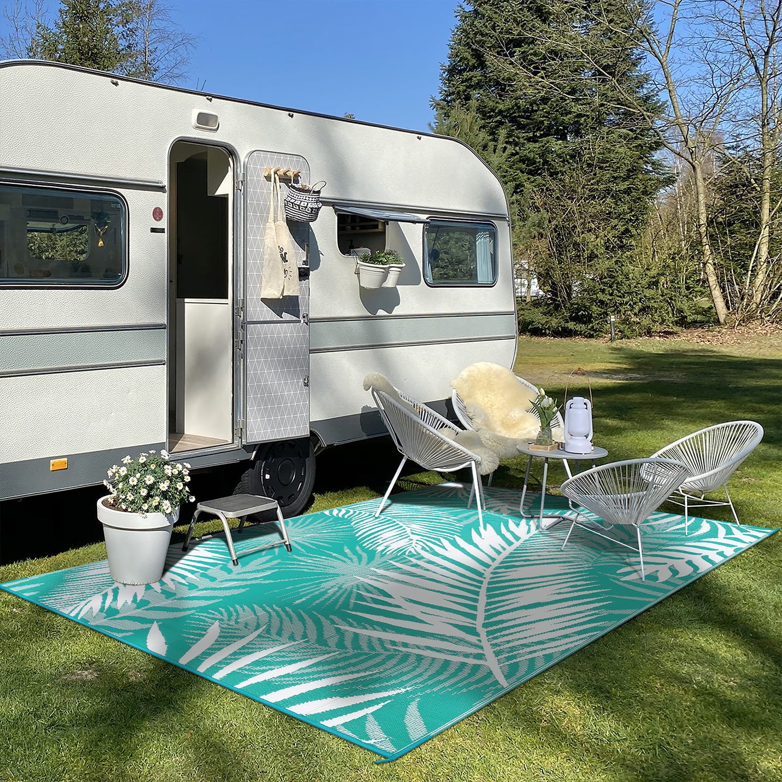 MeyJey Outdoor Rug, 5'x7' Reversible Waterproof Area Rug, Plastic Mat for RV Patio Camping, Teal