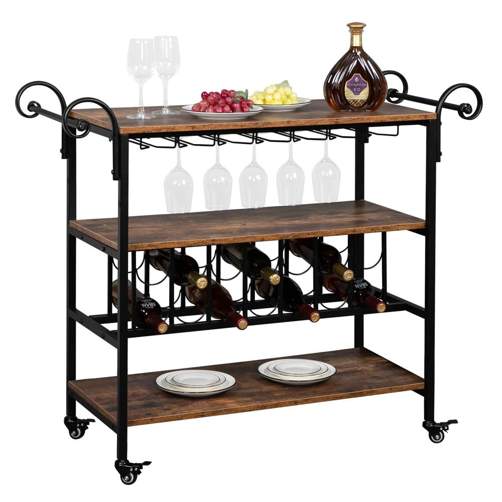OUUTMEE Bar Cart 3 Tiers Kitchen Serving Trolley Rolling Kitchen Island Serving Cart with Wine Rack Retro Industrial Brown for Home Office Dining Room Restaurant Hotel 
