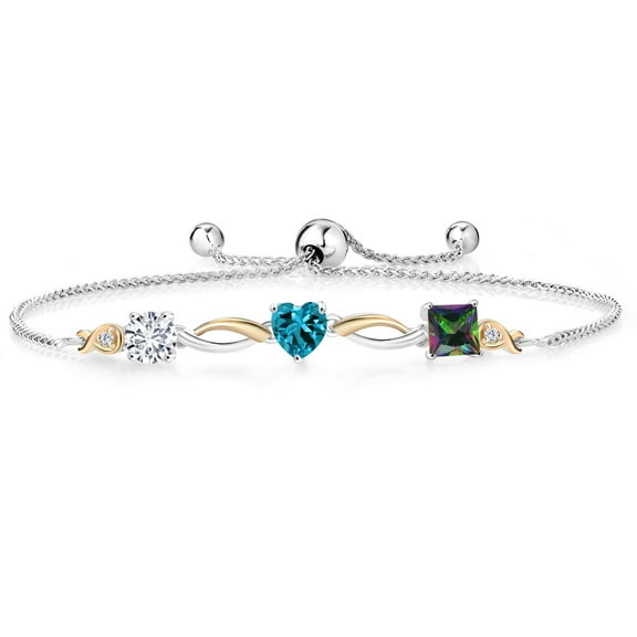 Gem Stone King 925 Silver and 10K Yellow Gold London Blue Topaz Green Mystic Topaz and Lab Grown Diamond Tennis Bracelet for Women By Keren Hanan (2.25 cttw, Adjustable up To 9 inch)