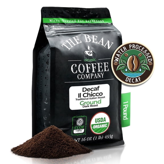 The Bean Organic Coffee Company Water Processed DECAF IL Chicco (Traditional Italian Roast), Dark Roast, Ground Coffee, 16-Ounce Bag