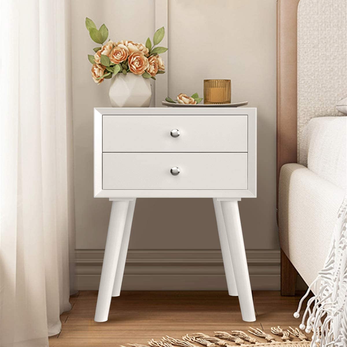 Giantex End Side Table Nightstand with Storage Drawer and Shelf, Wood Nightstand with 2-Drawers, Solid Wood Legs Living Room Bedroom Furniture