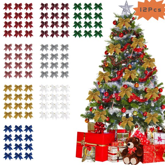 Moocorvic 12 Pcs Gold Glitter Bows for Christmas Tree Decorations, Gift Wrapping, 10cm Christmas Bows with Gold Twist Ties