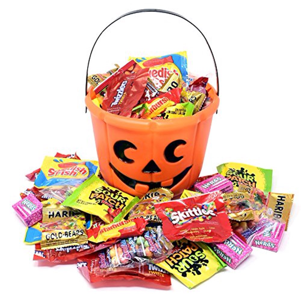 Halloween Gift Orange Bucket with Assorted Candies, Starburst, Skittles, Sour Patch Kids
