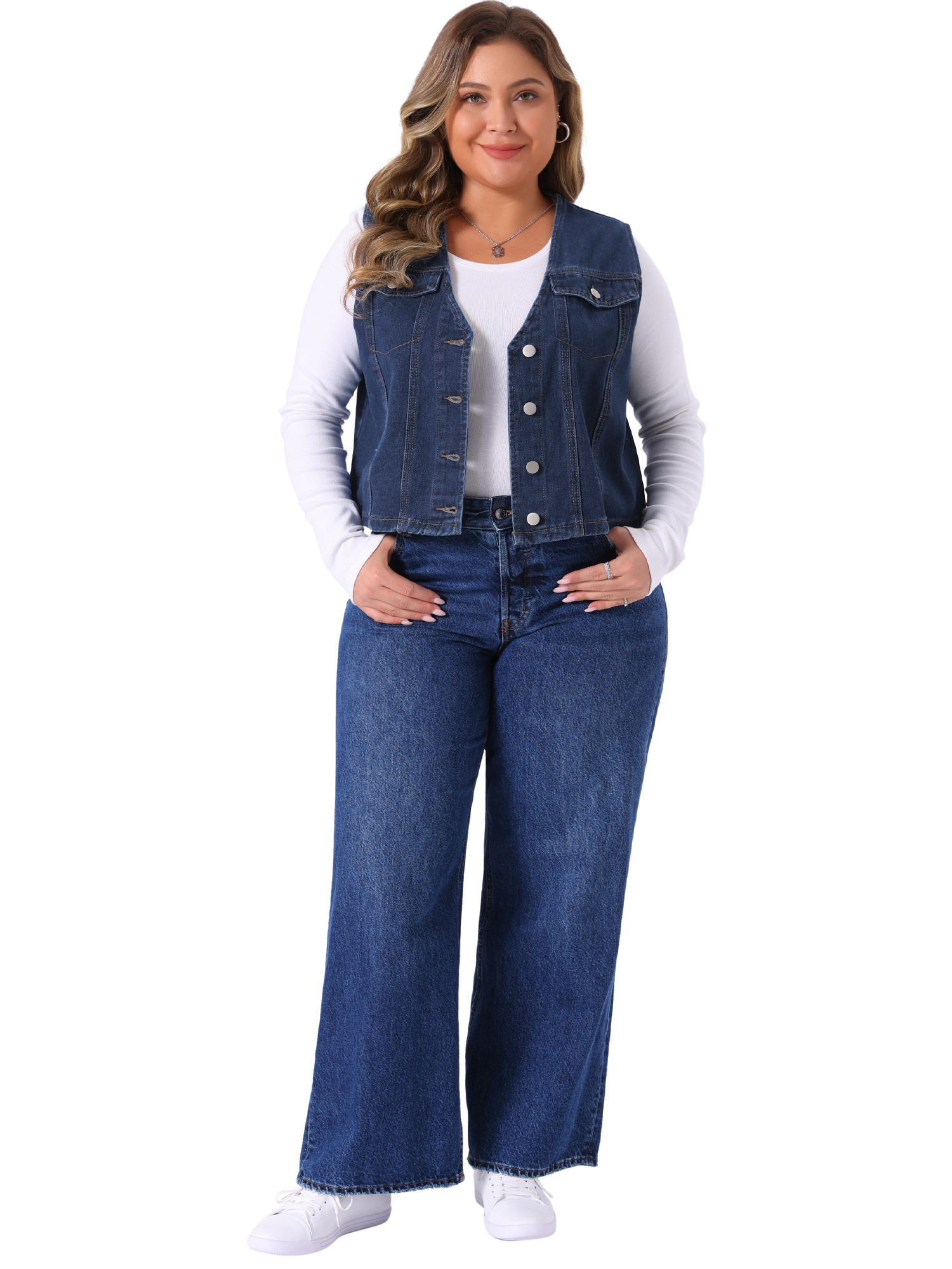 DARING DIVA Women's Plus Size V Neck Button Down Casual Denim Vest 1X Dark Blue