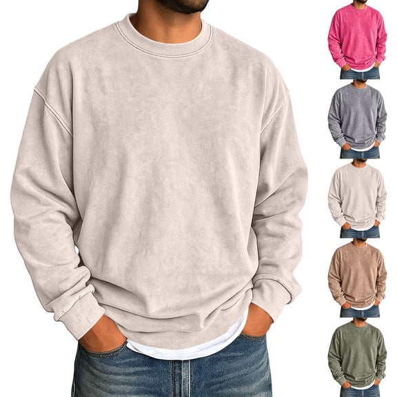 Domuza Mens Acid Wash Crewneck Sweatshirt, Vintage Long Sleeve Pullover, Loose Fit Streetwear Top - Beige XL