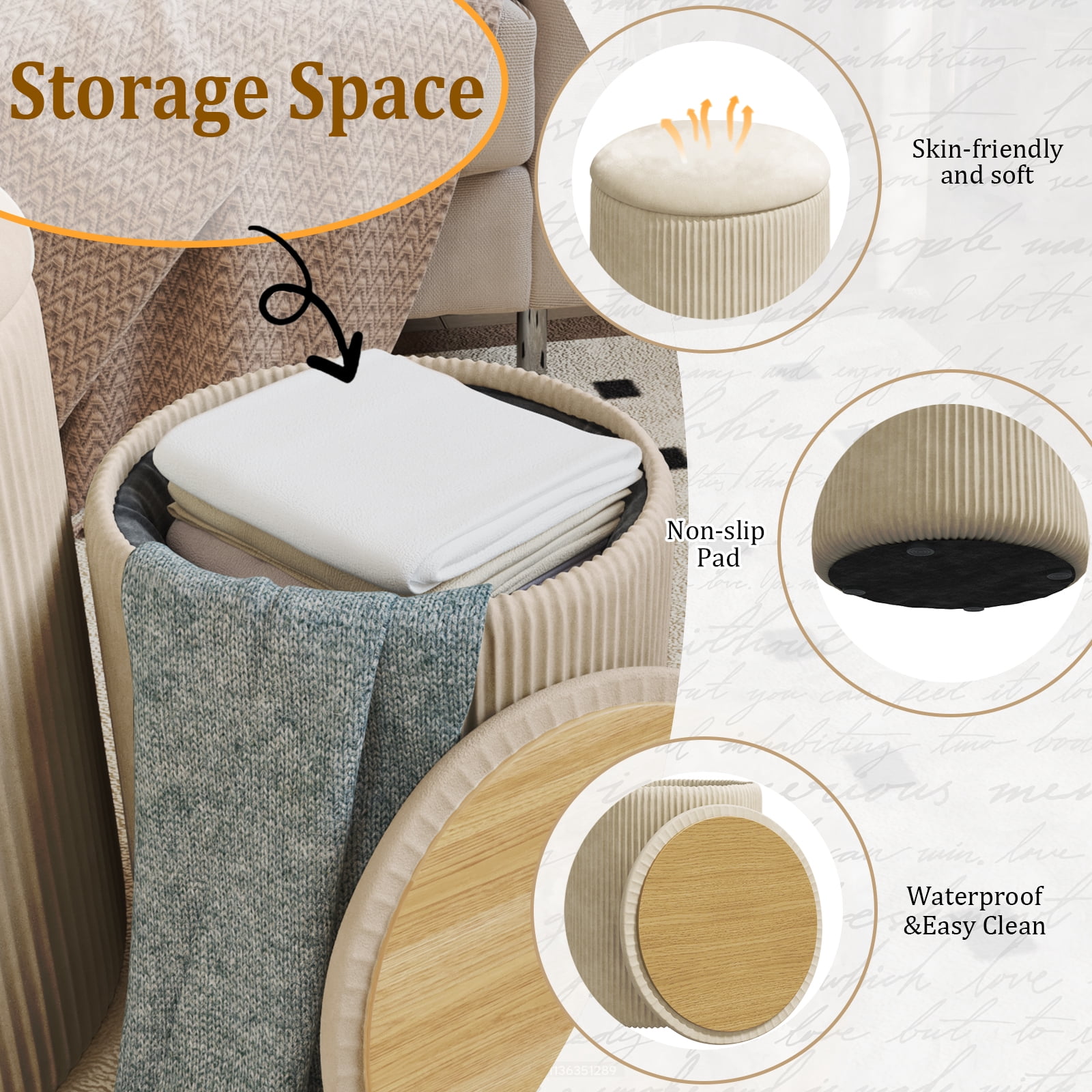Waleaf Round Ottoman with Storage Set of 2, Upholstered Velvet Vanity Stool for Living Room & Bedroom, Beige