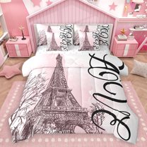 Homewish Paris Eiffel Tower 7 Pieces Bedding Comforter Set for Teens Girls Boys,Romantic Valentine Full Bedding Set Lightweight,Black Pink Fitted Sheet Flat Sheet,Ultra Soft Home Decor,Reversible