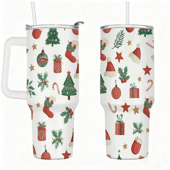 Christmas Pattern Insulated Tumbler with Lid and Straw, Holiday Tree & Gift Design Stainless Steel Travel Mug with Handle