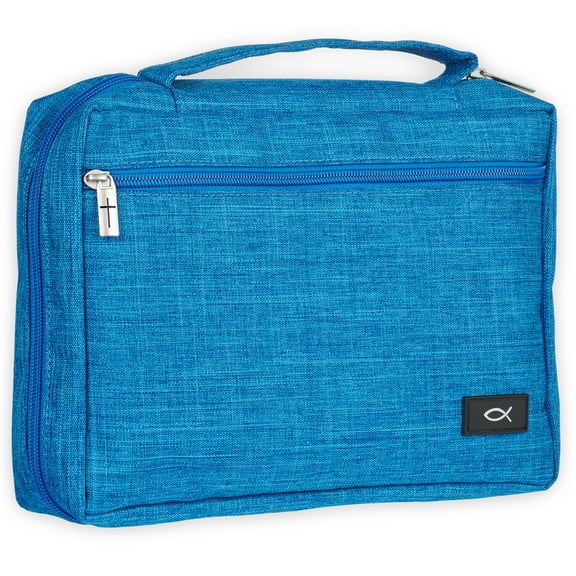 Christian Art Gifts Polyester Bible Cover for Men & Women w/ Jesus Fish Patch, Zipper Pocket, Pen Loops, Ribbon Bookmark Markers, Easy Carry Book Case for Stationery, Accessories, Light Blue, XL