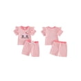 thumbnail image 2 of BemeyourBBs Toddler Baby Girl Birthday Outfit 1 2 3 4 Years Birthday Summer Clothes Casual Ballon Cake in Truck Letter Waffled Striped Ruffled Trim Short Sleeve T Shirt Tops and Shorts 2 Pcs Set, 2 of 9