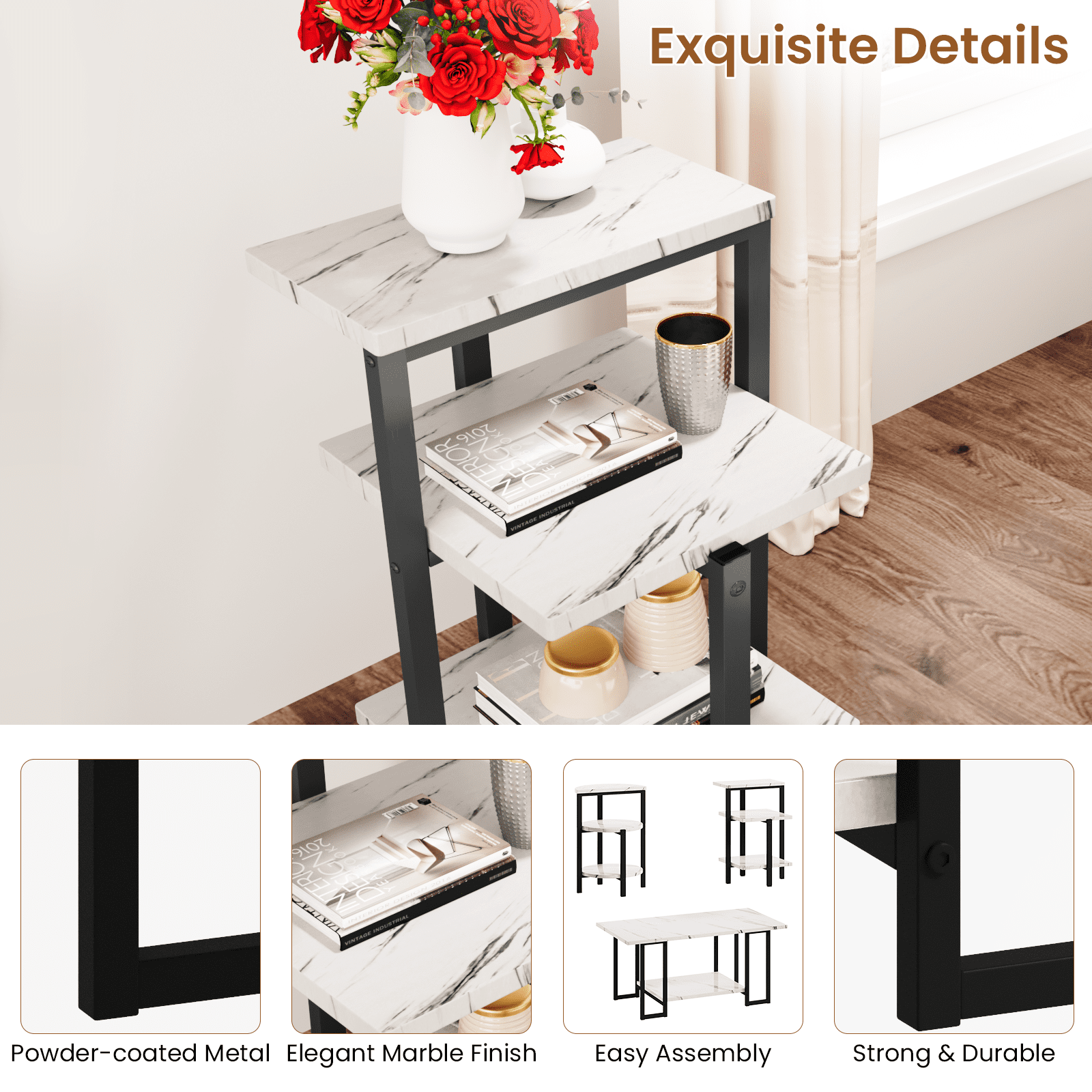 Baxluxe 3 Pieces Faux Marble Table Set, Modern Rectangle Coffee Table with 2 Side Table, Faux Marble Tabletop and Metal Frame, 3 Pieces Table Sets for Living Room, Apartment, White & Black