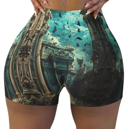 Workout Shorts Women  Ruined Temple With Crows Biker Shorts for Women Running Gym Spandex Shorts Tummy Control