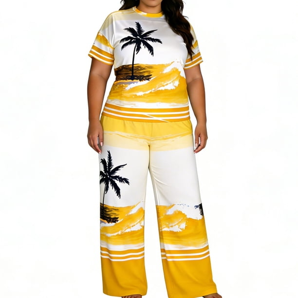 Set de Lavado Corporal de Manga Corta Impresa de las Mujeres Cuello Redondo con Pantalones a Juego Dos Piezas de Vestido de Verano de Primavera Casual