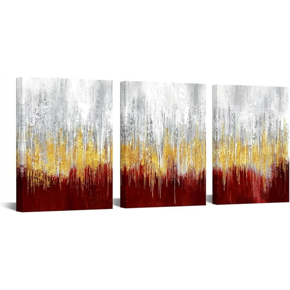 Hieng 3 Pieces Dark Red and Gold Abstract Canvas Wall Art Modern Gold Foil Grey Artwork Luxury Painting Printed on Canvas for Walls Guest Room Girls Gifts Decor (only canvas)