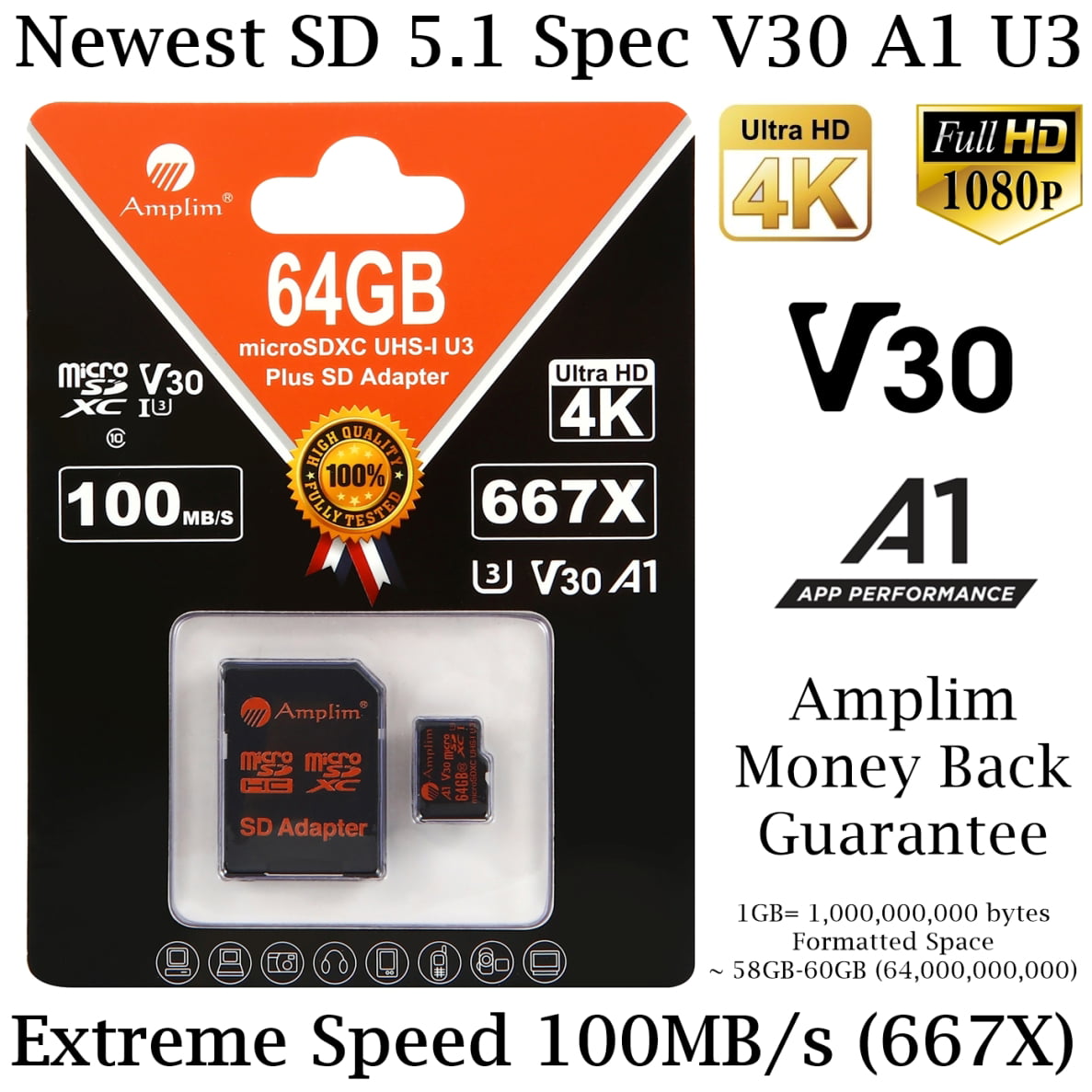 64GB Micro SD Card Memory U3 Class 10 For DJI Spark Drone 4K Video