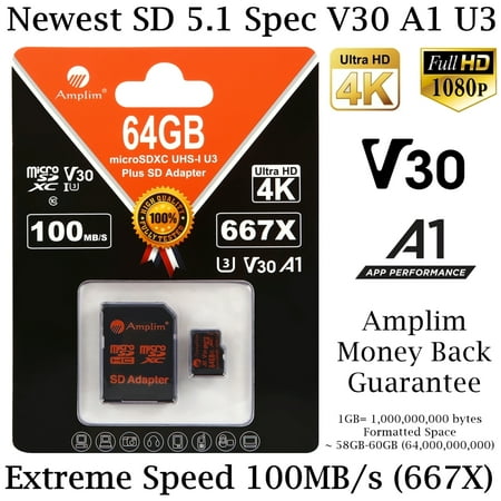 64GB MicroSD Card plus SD Adapter. Amplim 100MB/s MicroSDXC V30 A1 Class 10 U3 Micro SD Memory Card for UHD 4K Video, GoPro, Cell Phones Galaxy, LG, Sony Xperia, DJI, Drones, Cameras, Nintendo