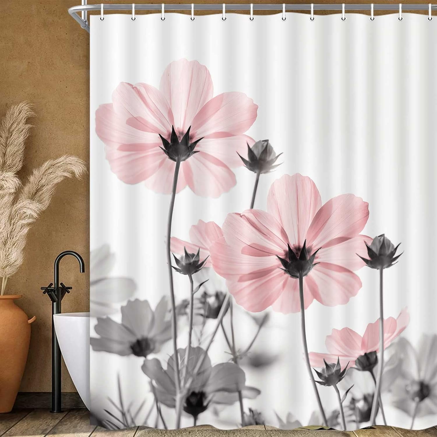 Unique Floral Pink Shower Curtain for Bathroom Decor, Pink and Grey Daisy Flower Elegant Wildflower Design Farmhouse Shower Curtains with Hooks Set, 72X72in