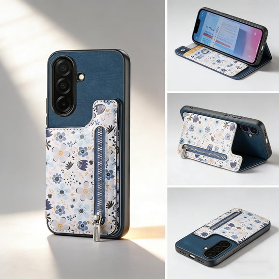 Floral Flower Pattern Zipper Wallet Case for Samsung Galaxy S26  with Card Slots & Kickstand & RFID Blocking, Slim PU Leather Flip Case for Women Girls, Shockproof Magnetic Car Mount Cover, Blue