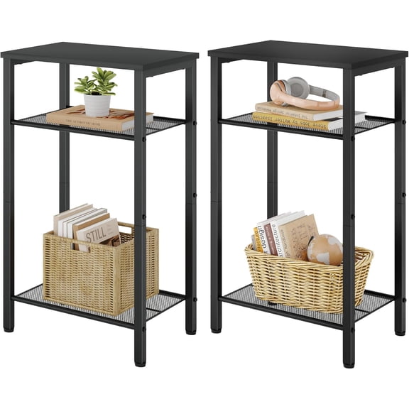 2-Set 3 Tier End Table, Telephone Table Set of 2, Tall Side Table with Storage Set of 2, Small Nightstand for Small Spaces, Metal Frame, for Living Room, Bedroom, Sofa Couch
