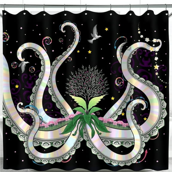 Whimsical Black Shower Curtain with Stylized Tree & Colorful Octopus Design