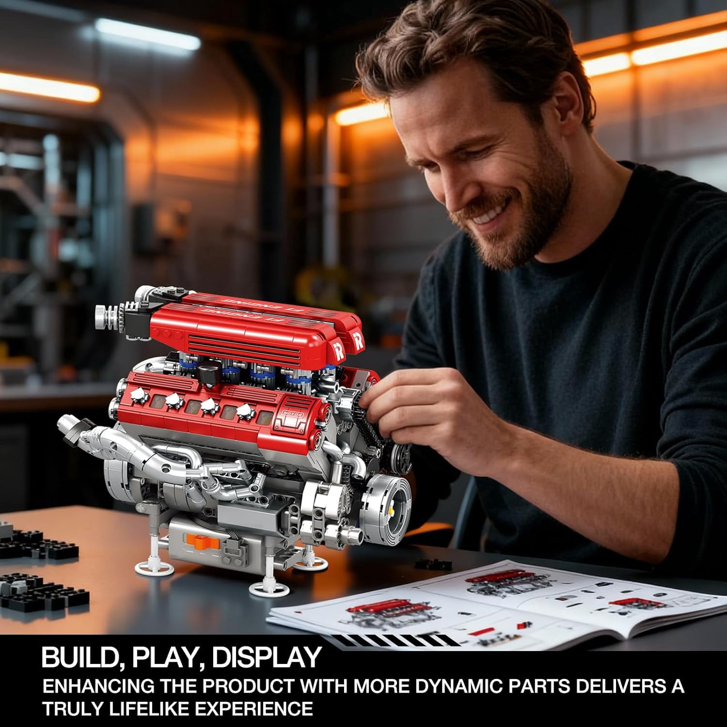 V8 Engine Building Set for Adults, 1101 PCS Mechanical Building Blocks with Realistic Engine Motor, Car Engine Engineering DIY Model Kit, STEM Educational Gift for Car Lovers & Collectors