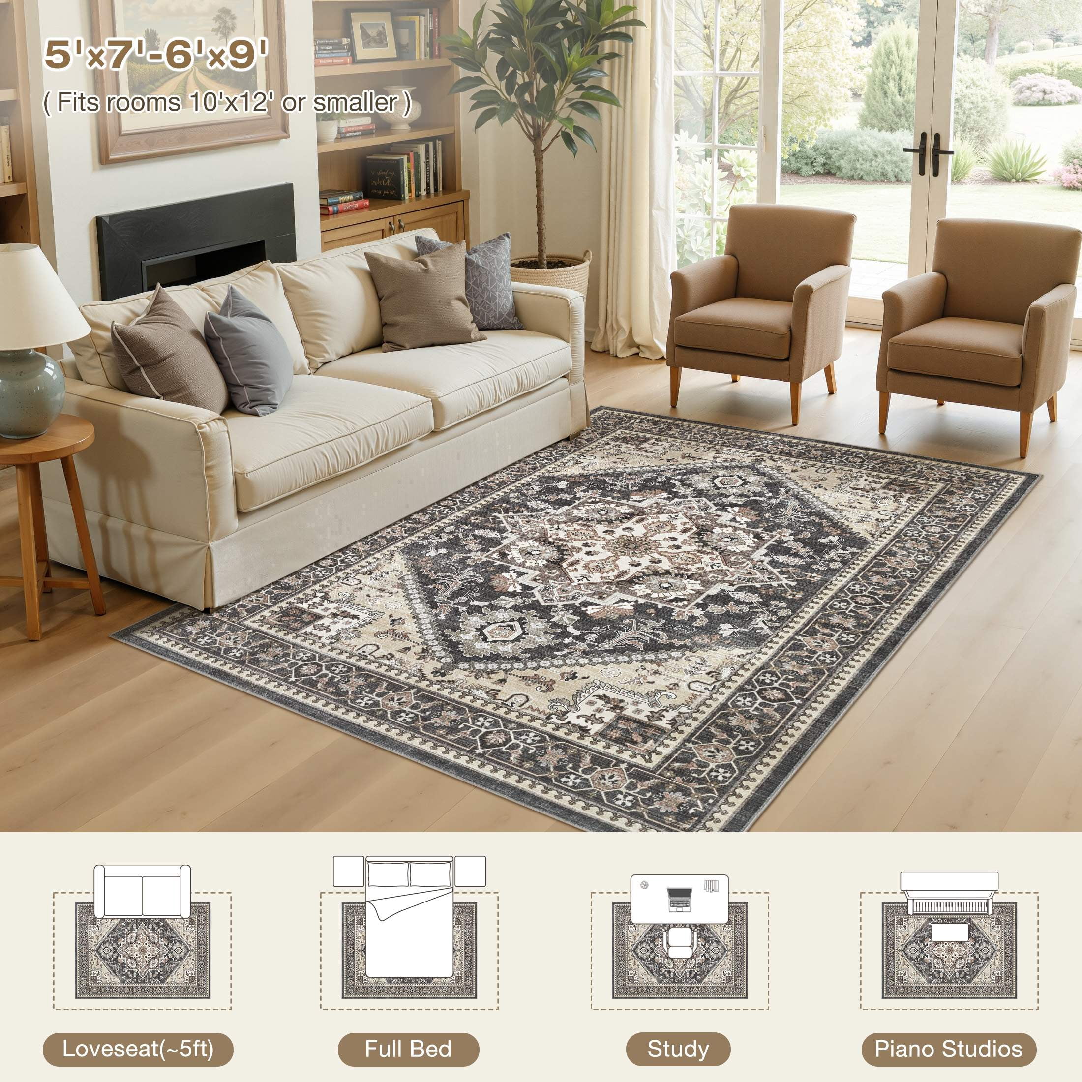 UERMEI Vintage 5'x7' Area Rugs for Living Room, Non-slip Washable Indoor Retro Rug for Bedroom Dining Room Office, Soft Low Pile Floral Rug Home Decor Carpet, Black&Beige
