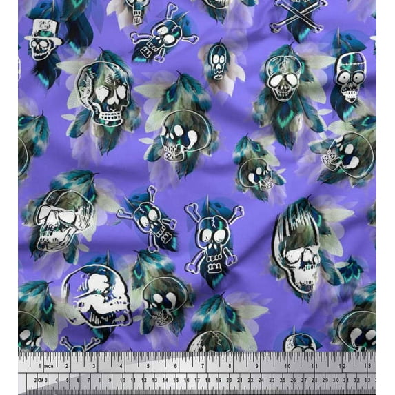 Soimoi Crepe Silk Fabric Feather & Skull Halloween Fabric Prints by Yard 42 Inch Wide