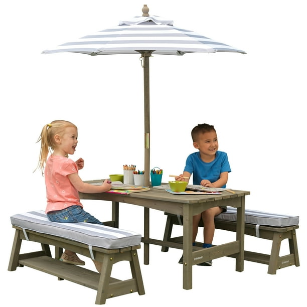 KidKraft Outdoor Table & Bench Set with Cushions and Umbrella, Gray and
