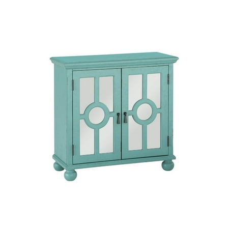 Anik Accent Cabinet- 2 Mirror Inlaid Glass Door- Aqua Green Wood