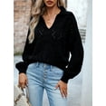 thumbnail image 3 of Arvbitana Women's Autumn Basic Knit Sweaters Solid Color Jacquard Eyelet Knitwear Tops V-Neck Lantern Long Sleeve Pullover Trendy Clothes, 3 of 8