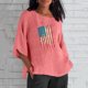 thumbnail image 2 of Blusa de lino y algodón con cuello redondo y manga tres cuartos informal para mujer con estampado de bandera Pompotops FGAJ3155, 2 of 6